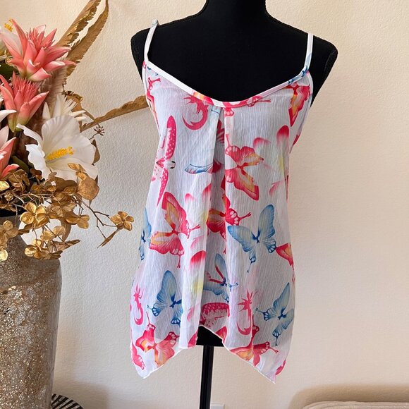 Tops - Y2K Fairycore Sheer Butterfly Asymmetrical Cami Top Pink & Blue L